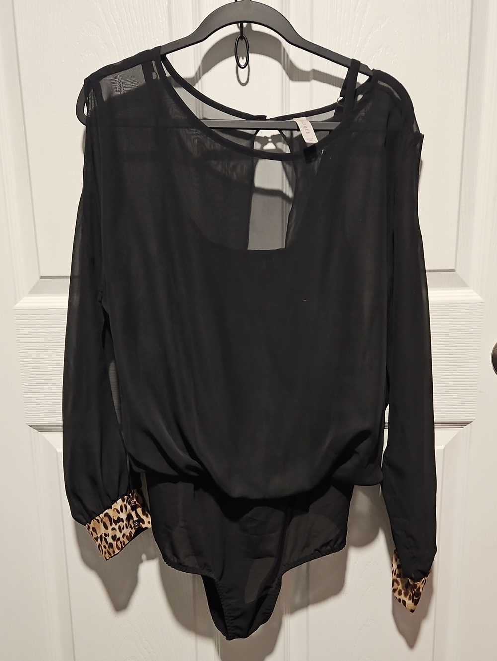 Cacique Black Chiffon Bodysuit with Leopard-Print Cuffs